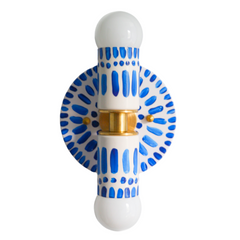 Handpainted blue and white patterned wall sconce inspired by Greece & Portugal.  Maximalist style wall sconce that has a natural element because each one is hand-painted.  The painted thalia is a perfect small sconce that doubles as a statement light fixture because of the bold design.  Great for bathrooms, hallways, and more.