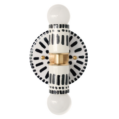 Handpainted black and white patterned wall sconce inspired by Greece & Portugal.  Maximalist style wall sconce that has a natural element because each one is hand-painted.  The painted thalia is a perfect small sconce that doubles as a statement light fixture because of the bold design.  Great for bathrooms, hallways, and more.