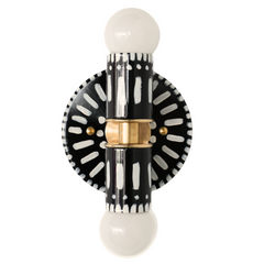Handpainted black and white patterned wall sconce inspired by Greece & Portugal.  Maximalist style wall sconce that has a natural element because each one is hand-painted.  The painted thalia is a perfect small sconce that doubles as a statement light fixture because of the bold design.  Great for bathrooms, hallways, and more.