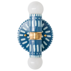 Handpainted blue and white patterned wall sconce inspired by Greece & Portugal.  Maximalist style wall sconce that has a natural element because each one is hand-painted.  The painted thalia is a perfect small sconce that doubles as a statement light fixture because of the bold design.  Great for bathrooms, hallways, and more.
