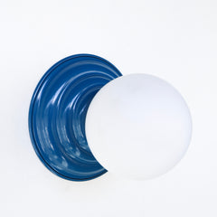 Denim Blue grey and white glass retro style wall sconce or ceiling flush mount light fixture.  Has a fun beehive shape and a clean minimalist glass globe in frosted white.  Modern and simple light fixture