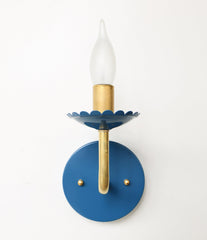 Grey Blue &  Brass feminine wall sconce with scalloped bobeche detail