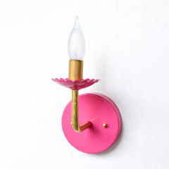 Doll Pink and Brass feminine wall mounted scalloped detail wall sconce.  Perfect girls bathroom wall sconce in a bright pink color with brass accents and a small scalloped detail.