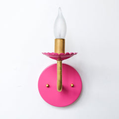 Doll Pink and Brass feminine wall mounted scalloped detail wall sconce.  Perfect girls bathroom wall sconce in a bright pink color with brass accents and a small scalloped detail.