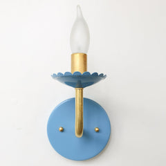 Pastel Grey blue and Brass feminine wall sconce with scalloped bobeche detail