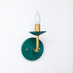 emerald green and brass feminine sconce with scalloped bobeche detail.  Feminine bathroom sconce lighting