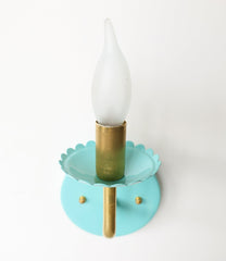 Pastel Aqua Teal and Brass feminine wall sconce with scalloped bobeche detail