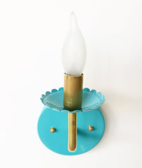 Teal and Brass feminine wall sconce with scalloped bobeche detail
