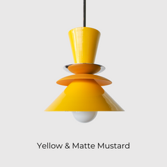 Astro pendant light featuring a bold colorblocked design in bright yellow and matte mustard. A modern statement fixture inspired by mid century modern lighting, perfect for kitchens, dining areas, or eclectic interiors. This handcrafted pendant adds a pop of retro charm and vibrant color, ideal for maximalist home decor or colorful kitchen design.