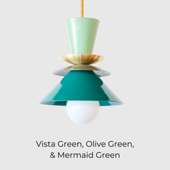 Colorblocked Astro pendant light in vista green, olive, and mermaid green with a mid century modern silhouette and brass accent. A bold, sculptural ceiling fixture perfect for colorful kitchens, eclectic dining rooms, or creative workspaces. This modern hanging light adds a pop of personality and is ideal for maximalist interiors and fans of unique, design-forward decor.