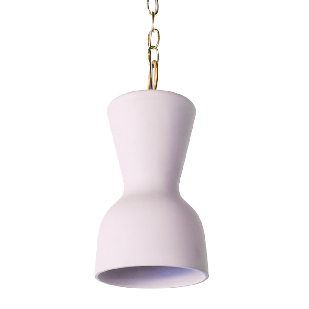 Pastel purple and brass chained ceramic pendant lighting fixture. Made in the USA hand-cast tinted porcelain pendant kitchen light with real raw brass chain.  Beautiful unglazed porcelain ceramic pendant ceiling light fixture.