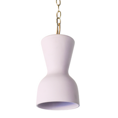 Pastel purple and brass chained ceramic pendant lighting fixture. Made in the USA hand-cast tinted porcelain pendant kitchen light with real raw brass chain.  Beautiful unglazed porcelain ceramic pendant ceiling light fixture.