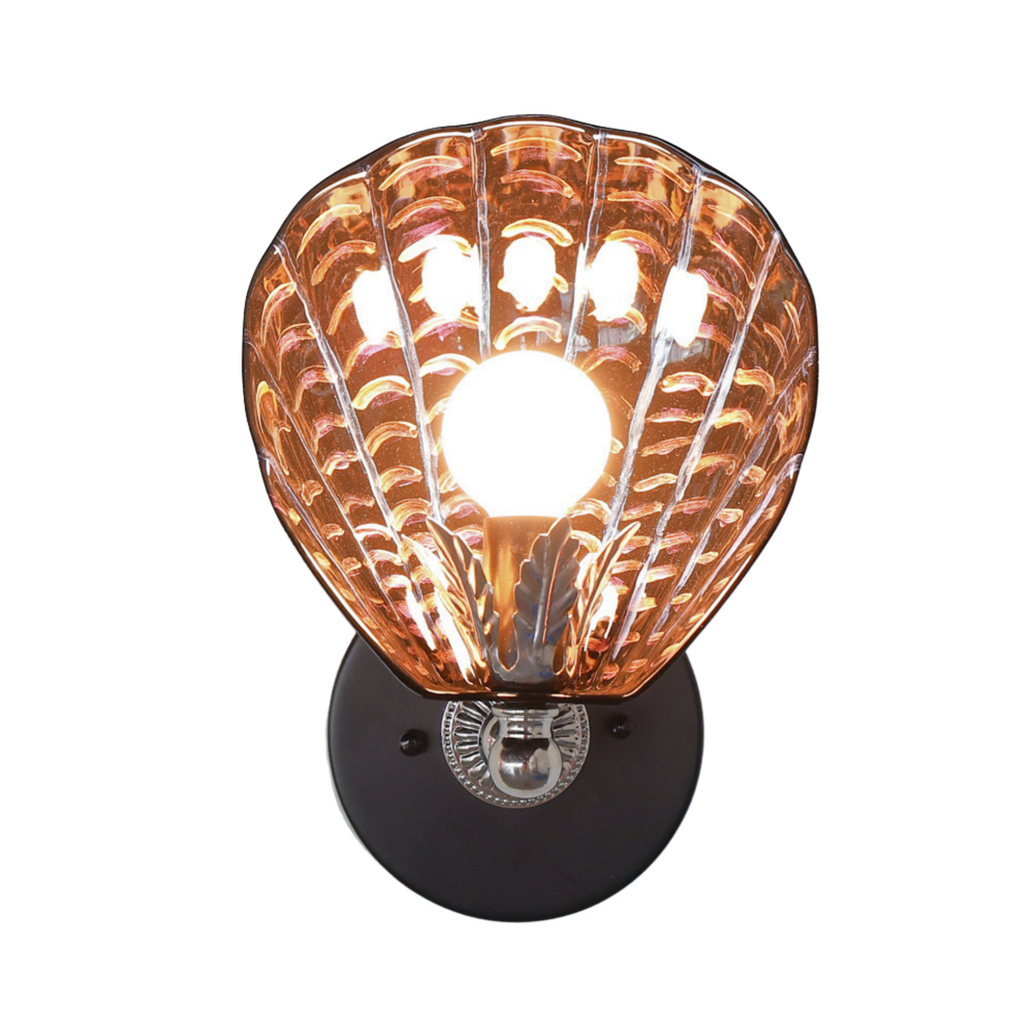 One-of-a-kind hand-painted shell sconce with sculptural black ceramic shade, iridescent brushstroke detailing in violet and copper tones, and silver-toned vintage hardware; unique Art Deco coastal wall light handmade in New Orleans