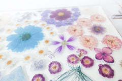 Handmade acrylic tray with clear resin base and silver metal handles, featuring an intricate arrangement of real pressed flowers in soft pastels and rich jewel tones. The floral composition includes daisies, violets, cosmos, hydrangeas, and roses in a palette of purples, blues, lavenders, and blush pinks. The vibrant blossoms are carefully preserved in a dreamy, organic layout, creating a romantic, nature-inspired serving tray or decorative catchall perfect for spring, gift giving, or adding a whimsical tou