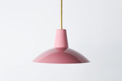 Pastel Pink warehouse industrial style pendant light with brass accents.  Colorful and beautiful industrial style pendant light fixture.