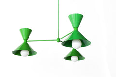 Monochromatic Bright green mid century modern style chandelier with cone shades.  Bright pop of color chandelier for kids rooms, dining rooms, bedrooms, and more.