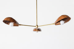 Art Deco chandelier with scalloped shell-shaped shades in rich fudge brown powder-coated steel, accented with warm brass arms and a slender brass downrod, suspended in a minimalist white room. A sculptural light fixture that bridges midcentury modern elegance and Mediterranean coastal vibes—perfect for a stylish dining room, entryway, or modern European beach house.