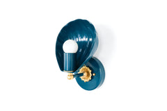 Shell-shaped wall sconce with a powdercoated lagoon blue finish and solid brass accents, including a detailed rosette and finial. The sconce features a sculptural shell form that cradles a bulb, casting soft ambient light. Shown from multiple angles on a white background, this coastal-inspired light fixture blends vintage Art Deco design with contemporary elegance, ideal for bedrooms, bathrooms, hallways, and eclectic interiors.