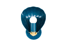Shell-shaped wall sconce with a powdercoated lagoon blue finish and solid brass accents, including a detailed rosette and finial. The sconce features a sculptural shell form that cradles a bulb, casting soft ambient light. Shown from multiple angles on a white background, this coastal-inspired light fixture blends vintage Art Deco design with contemporary elegance, ideal for bedrooms, bathrooms, hallways, and eclectic interiors.
