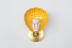 Artistic hand-painted Coquille sconce with bright orange and yellow scalloped steel shade, sealed in clear powdercoat – modern brass wall light for colorful interiors