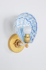 White, Blue, & Brass Hand-Painted Coquille Sconce: One of One