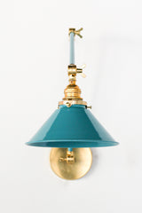 Adjustable traditional style wall sconce with a conical shade in a fun teal color.  Adds a pop of color to any space and great for colorful kid-friendly homes