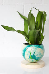 Large Cream, Teal, & Chartreuse Marbled Planter with Cream Base