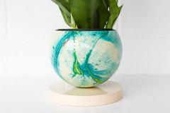 Large Cream, Teal, & Chartreuse Marbled Planter with Cream Base