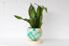 Large Cream, Teal, & Chartreuse Marbled Planter with Cream Base