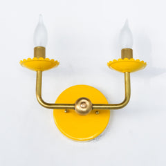 Yellow & Brass two light wall sconce with feminine scalloped details.  Modern and colorful chinoiserie style wall light fixture.