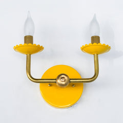 Yellow & Brass two light wall sconce with feminine scalloped details. Modern and colorful chinoiserie style wall light fixture.