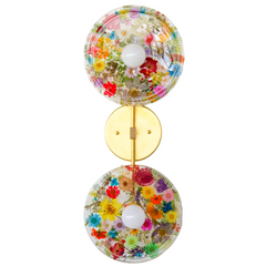 Encapsulated Floral two light wall sconce with flowers in every color flowers and greenery.  Unique wall light with real florals and greenery.  Adds a botanical and nature theme to lighting. Botanico sconce by Sazerac Stitches. multi-colored floral wall sconce light fixture.