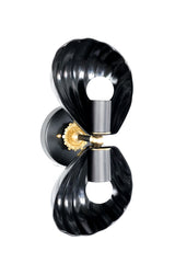 Sculptural shell-shaped wall light featuring powder-coated black steel shades and intricate brass floral medallion at the center, shown with round white bulbs.