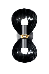 Black double shell wall sconce with brass hardware, styled for bathrooms, hallways, or sunrooms in Art Deco, Hollywood Regency, or bold contemporary homes.