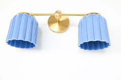 Double Marcella Sconce with ribbed glazed sky blue ceramic shades and solid brass hardware, handmade lighting fixture for bathroom vanity or hallway, chinoiserie and art deco inspired ceramic wall light