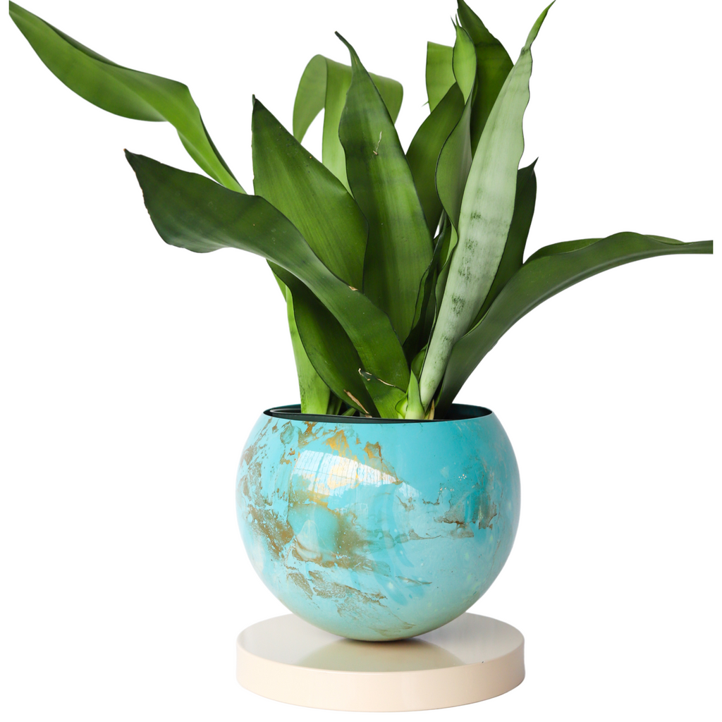 Large Teal, Aqua, Cream, & Gold Marbled Planter with Cream Base