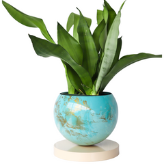 Large Teal, Aqua, Cream, & Gold Marbled Planter with Cream Base