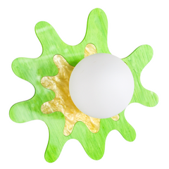 Vibrant splatter-shaped sconce in green and yellow with a frosted globe, perfect for modern interiors.