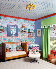 Colorful nursery with mustard yellow Loa Carousel flush mount light by Sazerac Stitches, bold wallpaper, green curtains, midcentury modern crib, and playful eclectic decor. Perfect kids’ room lighting idea.