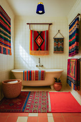 Bold cobalt blue Marcella ceramic flushmount with brass canopy featured in a Southwest-style bathroom with white tile walls, a clawfoot tub, colorful woven textiles, and vibrant red, orange, and blue accents. Handmade ceiling light adds sculptural flair to eclectic, bohemian bathroom decor.