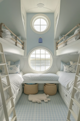 A glazed sky blue and brass Marcella sconce adds a playful pop of color in a serene coastal bunk room featuring round porthole-style windows, rope-accented upper bunks, and soft blue and white nautical decor—ideal for beach house, Nantucket-inspired, or traditional seaside interiors with a fresh, modern twist.