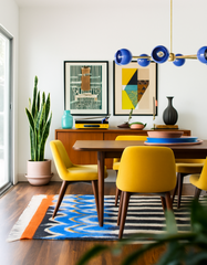 Mid-century modern dining room featuring the Mediterranean Blue & Brass Arcenciel chandelier with playful globe shades, hanging above a walnut dining table and mustard yellow upholstered chairs. The bright space includes abstract wall art, geometric patterned rug in blue and orange, and a teak sideboard with plants and decor, blending bold colorful lighting with modernist design.