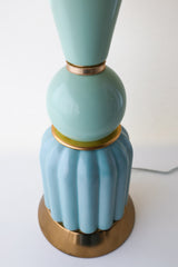 Close-up of the ribbed aqua ceramic base and mint green sphere detail of the Mint & Ceramic Aqua Table Lamp, accented with polished brass trim. The artisan design combines vintage-inspired curves with bold color blocking for a playful mid-century modern aesthetic.