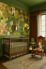 Enchanted nursery design featuring the handmade Octavia Sconce in aged brass, mounted against a fairytale-style mural with lush greenery, architectural ruins, and painterly medieval scenes. This timeless brass wall light adds a warm, vintage glow to the richly layered space, which includes olive green wall paneling, a walnut crib with gold finials, a coral velvet rocking chair, and a patterned area rug in earthy pastel tones. A perfect lighting choice for maximalist nurseries, whimsical kids’ rooms, or ecle