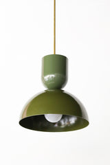 Close-up of the Taeuber Pendant in olive green by Sazerac Stitches, showcasing its sculptural double-dome silhouette and glossy powder-coated finish with a brass downrod. This modern, handmade pendant light highlights the bold color and smooth craftsmanship of the design, perfect for kitchens, dining nooks, and modern interiors seeking a pop of color and midcentury-inspired style.
