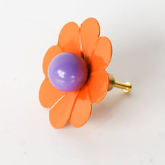 orange and purple daisy flower drawer pull.  Retro furniture or cabinet knob in a flower shape by sazerac stitches