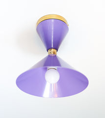 Pastel Purple and Brass mid century modern style flushmount ceiling light fixture.  Double cone shape with brass hardware.  Adds some color to any ceiling.