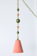 Full view of the Peach, Olive, & Rose Marble Beaded Pendant Light with peach cone shade, brass cap, and beaded chain featuring olive and rose marble accents.