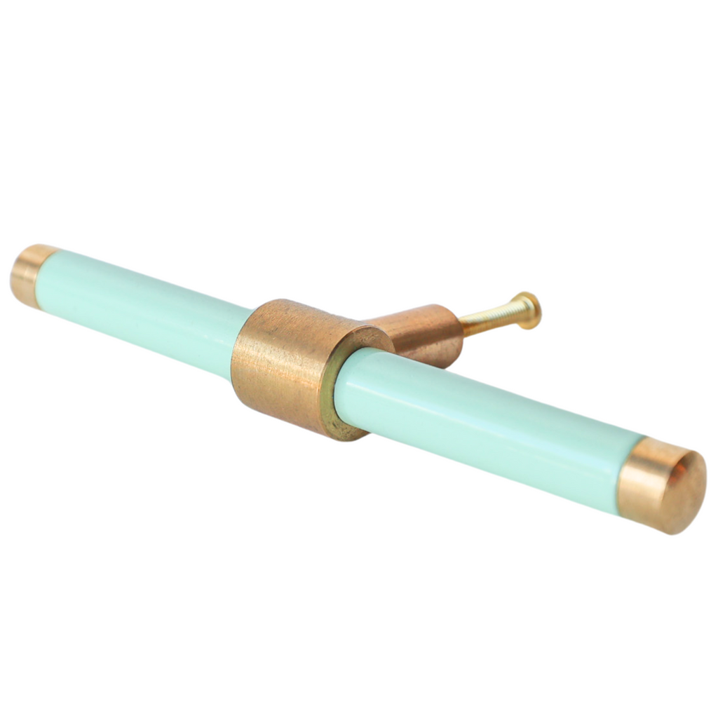 Pastel aqua and brass linear drawer pull.  Center mount installation drawer pull with color and brass accents.  Sophisticated colorful bathroom, dresser, vanity, or desk drawer pull.