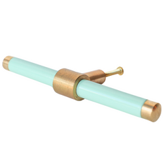 Pastel aqua and brass linear drawer pull.  Center mount installation drawer pull with color and brass accents.  Sophisticated colorful bathroom, dresser, vanity, or desk drawer pull.
